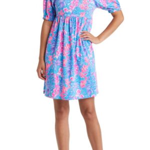 Lilly Pulitzer Delaney Puff Sleeve Cotton Babydoll Dress in Cumulus Blue Orchid Oasis at Nordstrom, Size 00