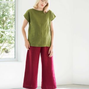 Linen Culottes Reims/Soft Linen Pants Washed With Elastic Waistband Trousers Wide