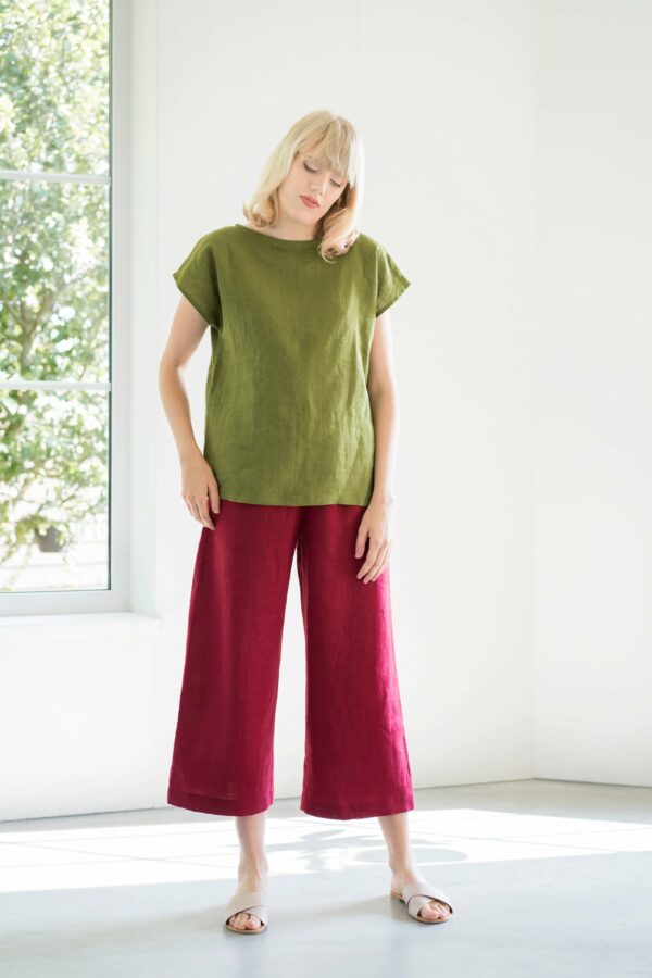 Linen Culottes Reims/Soft Linen Pants Washed With Elastic Waistband Trousers Wide