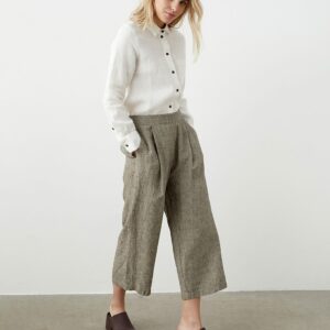 Linen Culottes With Pockets, Wide Leg Palazzo Pants, Cropped Linen Trousers, Pleated Trousers Lime