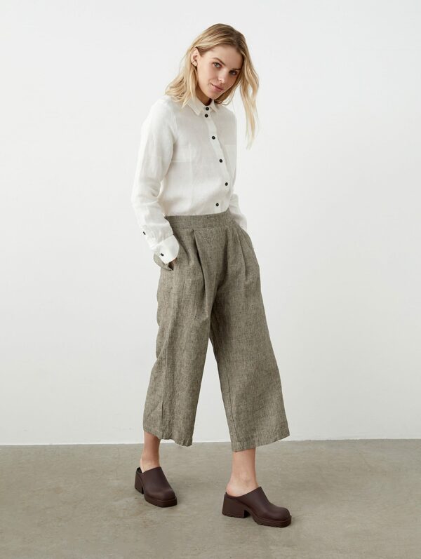 Linen Culottes With Pockets, Wide Leg Palazzo Pants, Cropped Linen Trousers, Pleated Trousers Lime