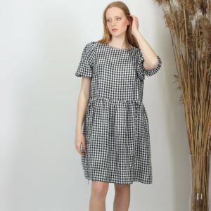 Linen Gingham Dress. Smock Dress With Short Puff Sleeves. Midi Linen Loose Waist Ties. A Line Casual Summer