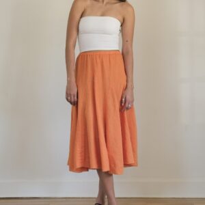 Linen Godet Pleat Midi Skirt - 90S Y2K Orange Elastic Waist Pleated | S M