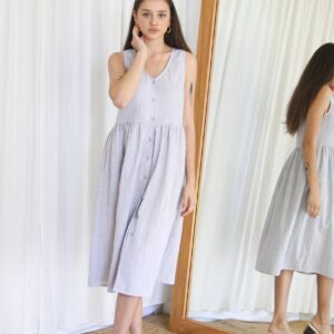 Linen Midi Smock Dress. Ladies Grey Check Button Up Spring Summer Market Dress - Mist