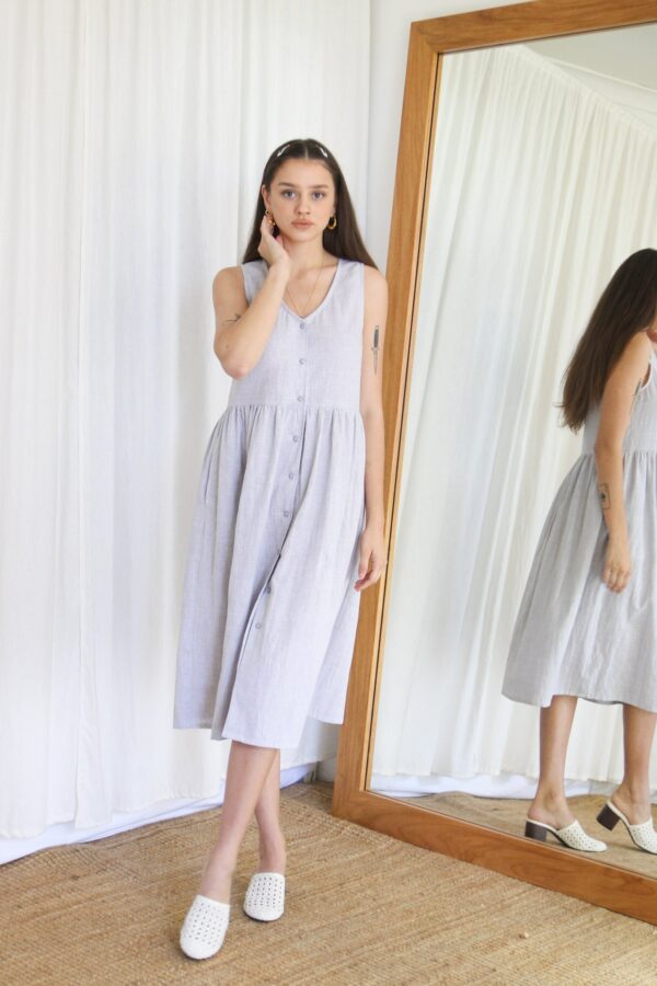 Linen Midi Smock Dress. Ladies Grey Check Button Up Spring Summer Market Dress - Mist