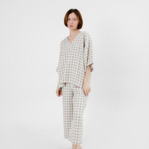 Linen Pajama Set Women Lounge Wear Checkered Culottes T-Shirt Home Clothes Natural Fabric Comfy Sleepwear