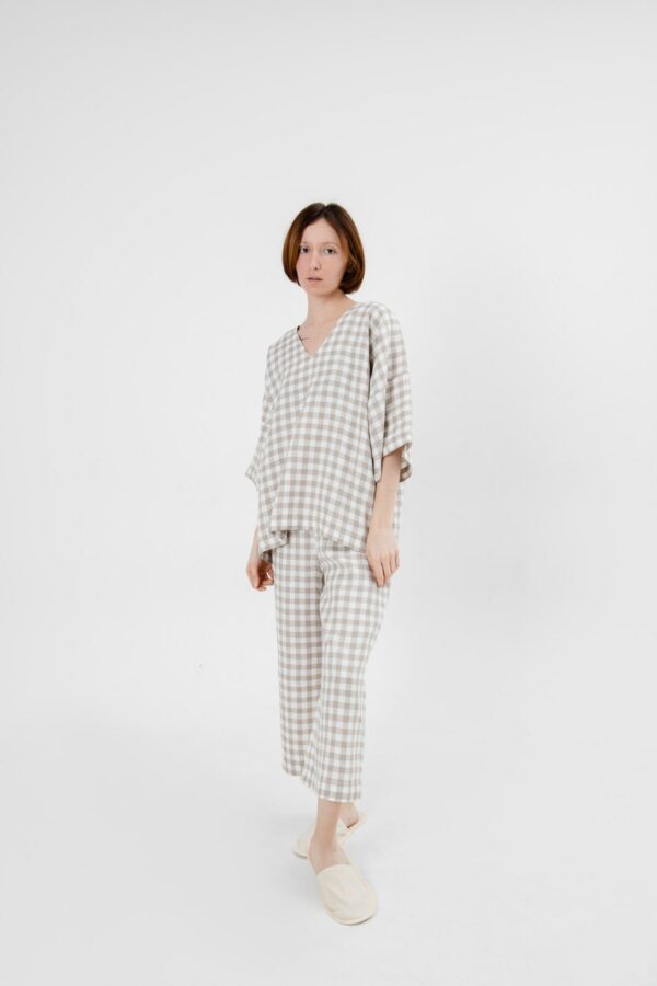 Linen Pajama Set Women Lounge Wear Checkered Culottes T-Shirt Home Clothes Natural Fabric Comfy Sleepwear