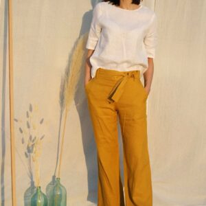 Linen Pants Ines/Natural Blue Wide Leg Culottes Trousers Comfortable & Ethically Made By Happymade Designs