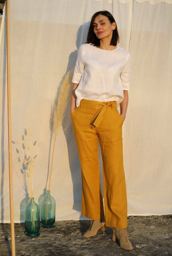 Linen Pants Ines/Natural Blue Wide Leg Culottes Trousers Comfortable & Ethically Made By Happymade Designs