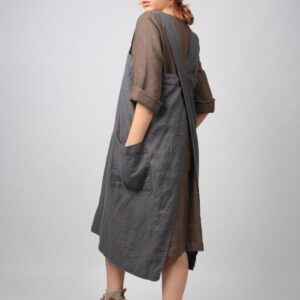 Linen Pinafore Apron, Square Cross Apron, Tunic Work Dress, Japanese Washed Long Apron With Deep Pockets