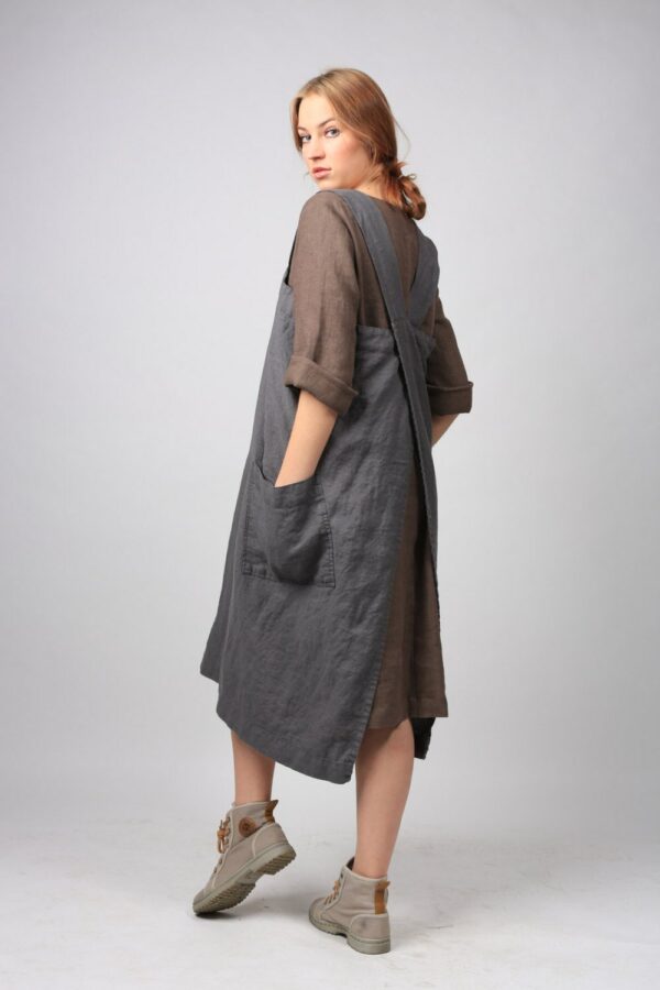 Linen Pinafore Apron, Square Cross Apron, Tunic Work Dress, Japanese Washed Long Apron With Deep Pockets