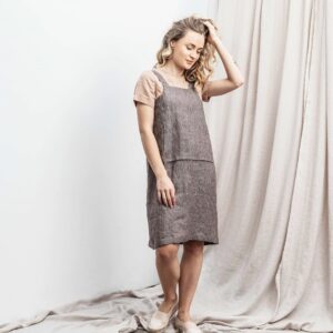 Linen Pinafore Dress. Daily Sleeveless Linen Dress With Front Pocket. Sarafan in Brown Stripped Color. Available 47 Colors