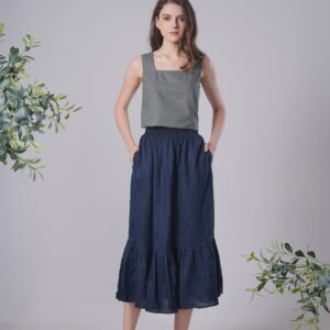 Linen Skirt Tulip, Summer Skirt, Midi Length, Elastic Waistband Soft Washed Handmade Dark Blue