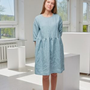 Linen Summer Dress, Women's Smock Dress With 3/4 Sleeves, Washed Linen Soft Tunic, Organic Pockets, Softened