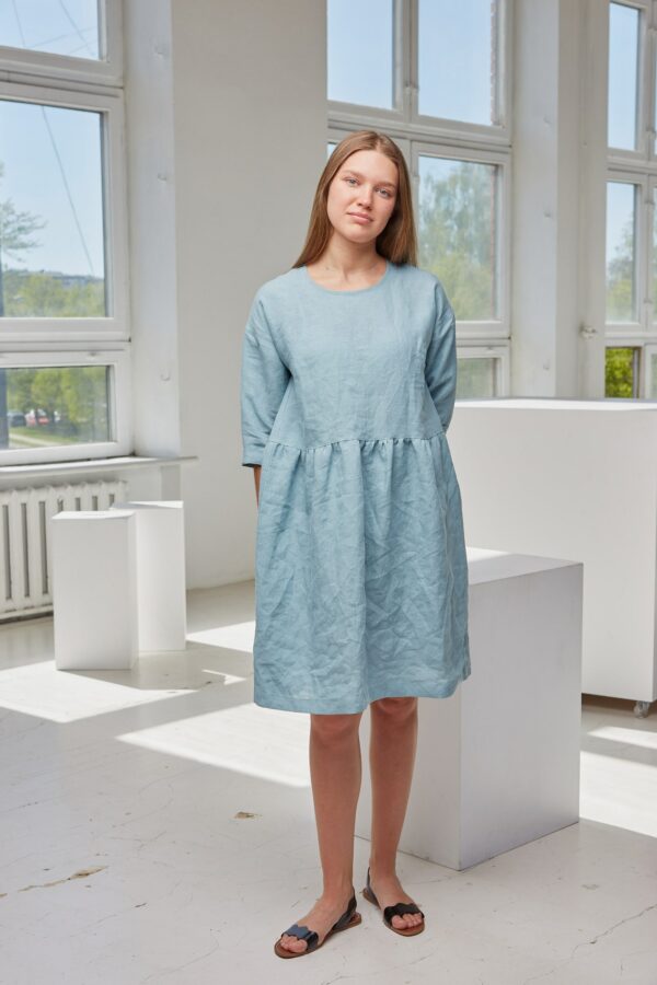 Linen Summer Dress, Women's Smock Dress With 3/4 Sleeves, Washed Linen Soft Tunic, Organic Pockets, Softened