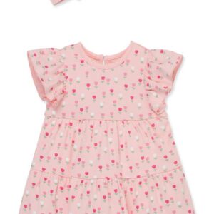 Little Me Tulip Print Cotton Skirted Bodysuit & Headband Set in Pink at Nordstrom, Size 6M