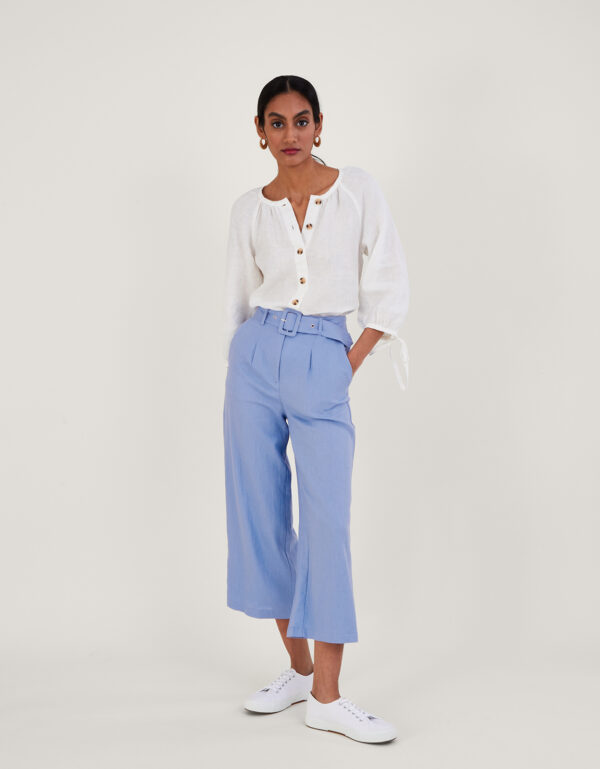 Livia Belted Linen Culottes Blue