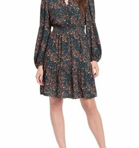 London Times Women's Long Sleeve Smock Waist Ditsy Floral Crepe Fit and Flare Dress, 2