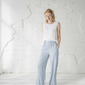 Long Linen Pants Wide Leg/Summer Trousers Women Elastic Waist Culottes