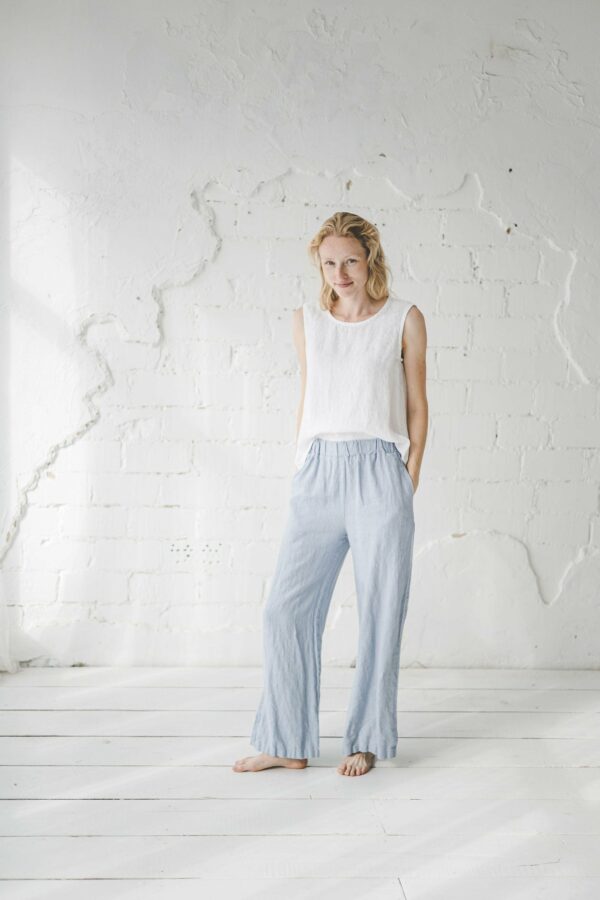 Long Linen Pants Wide Leg/Summer Trousers Women Elastic Waist Culottes