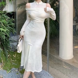 Long-Sleeve Cold Shoulder Mandarin Collar Plain Mock Two Piece Midi Mermaid Dress