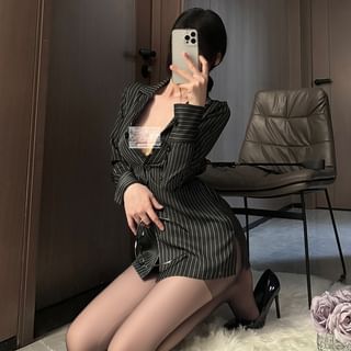 Long-Sleeve Collared Pinstriped Shirt / Plain Sheer Tights / Lingerie Set