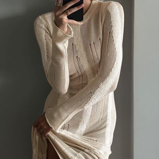 Long-Sleeve Crew Neck Plain Jacquard Distressed Maxi Sheath Knit Dress