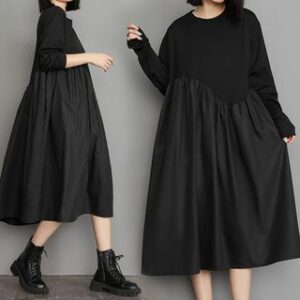 Long-Sleeve Crew Neck Plain Midi Smock Dress