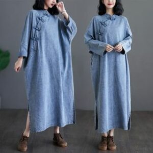 Long-Sleeve Frog-Button Denim Maxi Smock Dress