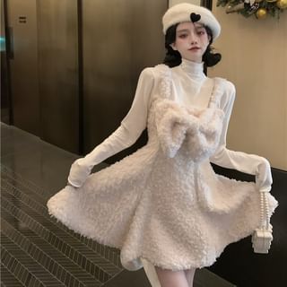 Long-Sleeve High Neck Plain T-Shirt / Fluffy Bow Mini Overall Dress