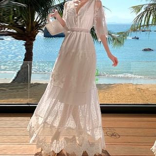 Long-Sleeve Lace Maxi A-Line Dress