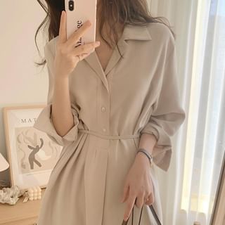 Long-Sleeve Lapel Collar Plain Slit Midi A-Line Shirt Dress