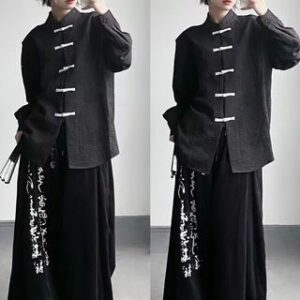 Long-Sleeve Mandarin Collar Jacquard Frog Button Blouse / Elastic Waist Print Culottes / Set