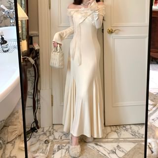 Long-Sleeve Off-Shoulder Plain Bow Maxi Mermaid Knit Dress