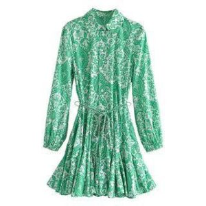 Long-Sleeve Paisley Print Mini Smock Dress Paisley Print - Green & White - L