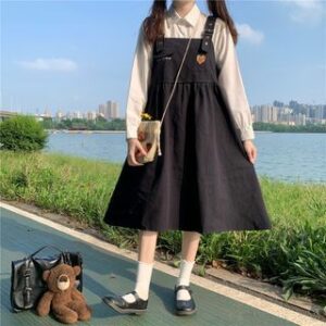 Long-Sleeve Plain Button-Up Shirt / Heart Embroidered Buckled Midi Pinafore Dress