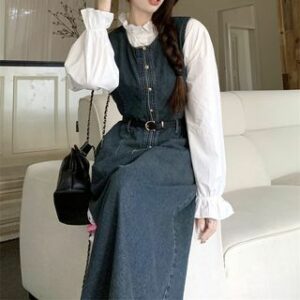 Long-Sleeve Plain Frill Trim Blouse / Button Denim Midi A-Line Pinafore Dress / Belt / Set