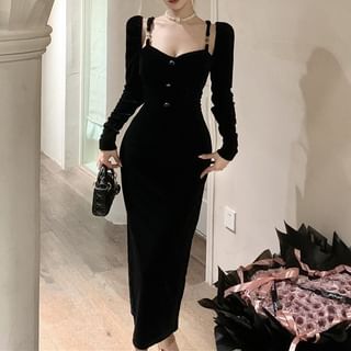 Long-Sleeve Square Neck Plain Slit Button Velvet Maxi Sheath Dress