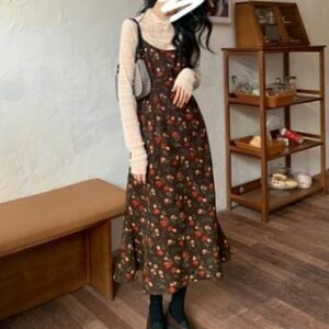 Long-Sleeve Stand Collar Plain Smocked Sheer Blouse / Spaghetti Strap Floral Print Corduroy Midi Mermaid Pinafore Dress