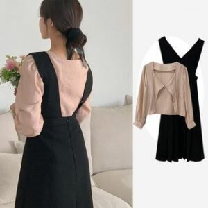 Long-Sleeve Tie-Neck Plain Blouse / V-Neck Midi Pleated Pinafore Dress