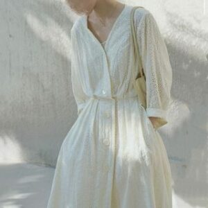 Long-Sleeve V-Neck Plain Eyelet Lace Midi Smock Dress