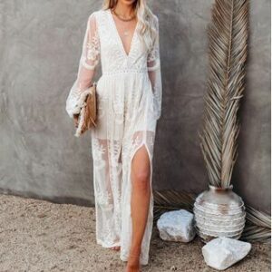 Long-Sleeve V-Neck Plain Lace Maxi Smock Dress