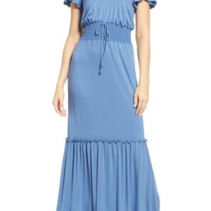 Loveappella Smock Waist Knit Maxi Dress in Denim at Nordstrom, Size Large