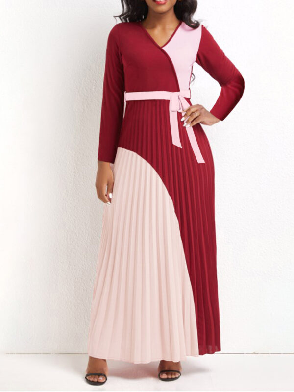 LovelyWholesale BASICS Bandage Design Pleated A Line Dress Fall Long Sleeve Casual Patchwork Surplice Neck Spring Summer 2024