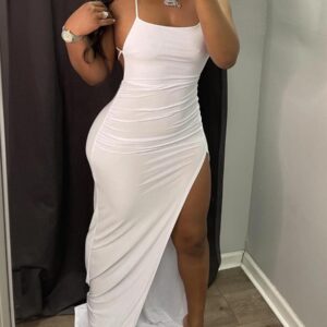 LovelyWholesale BASICS Thigh Slit Backless Maxi Dress Summer Sleeveless Casual Bandage Design U Neck Spring Summer 2024