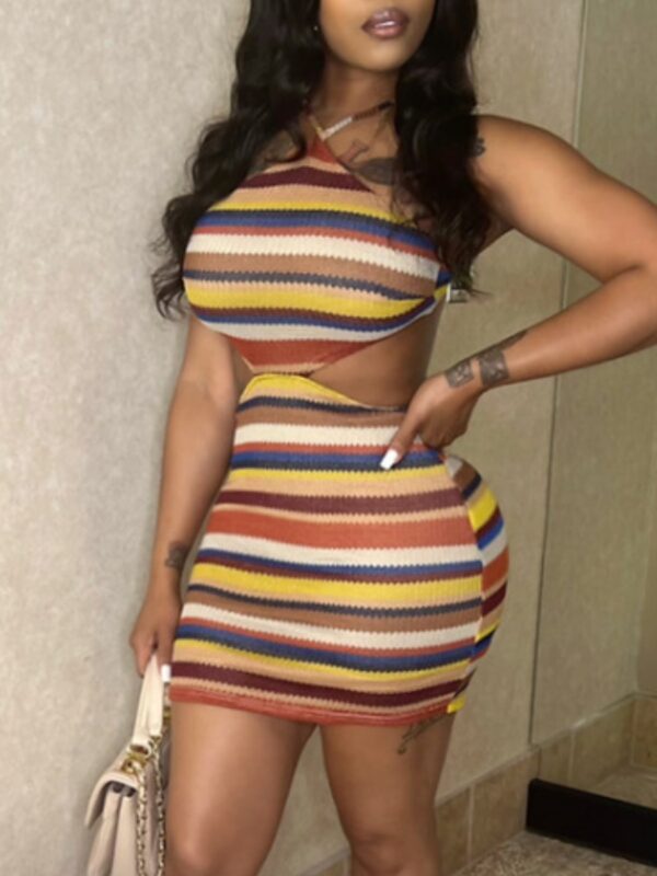 LovelyWholesale Bandage Design Striped Bodycon Dress Summer Sleeveless Vacation Bandage Design Halter Spring Summer 2024