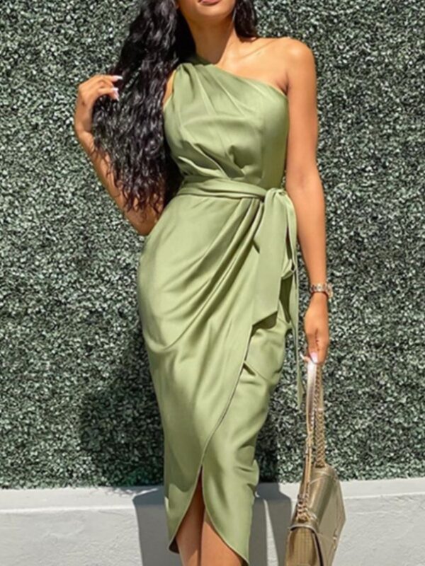 LovelyWholesale One Shoulder Bandage Design Wrapped Dress Summer Sleeveless Elegant Knot One Shoulder Spring Summer 2024