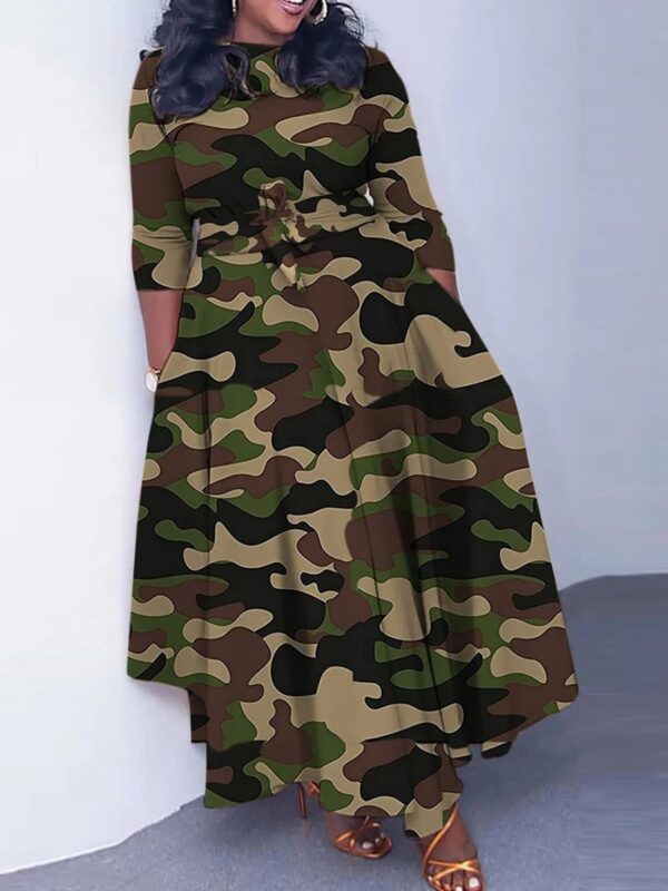 LovelyWholesale Plus Size Camo Print Bandage Design A Line Dress Summer Three Quarter Casual Bandage Design Round Neck 3X Spring Summer 2024