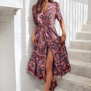 Luciana V-neck Tea Length Boho Pattern A-Shape Dress