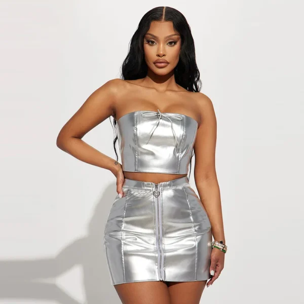 Luxury Leather Two Piece Dress Women Strapless Crop Top Zipper Wrap New In Dress 2023 Autumn Winter Female 2 Piece Skirt Set